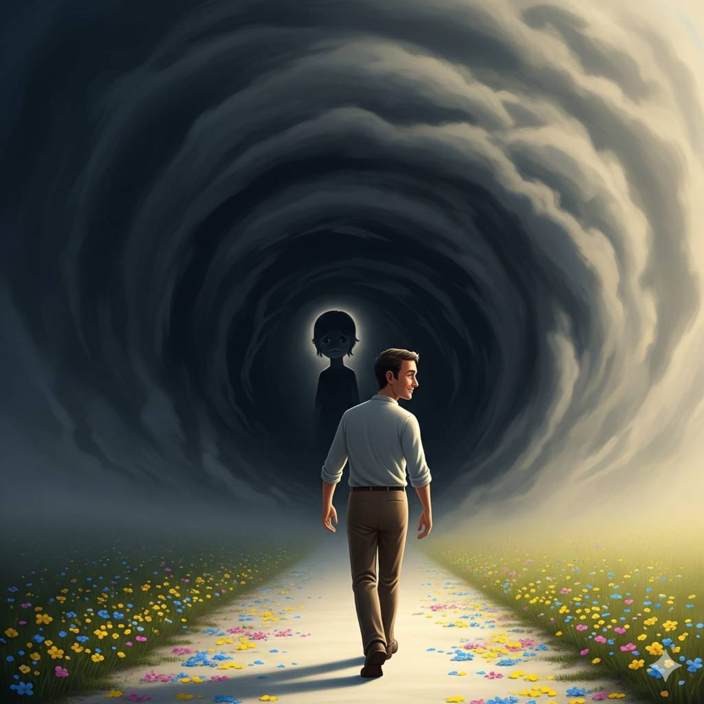 Um homem caminhando por um caminho florido, olhando para trás para uma figura sombria que emerge de um túnel de nuvens escuras.