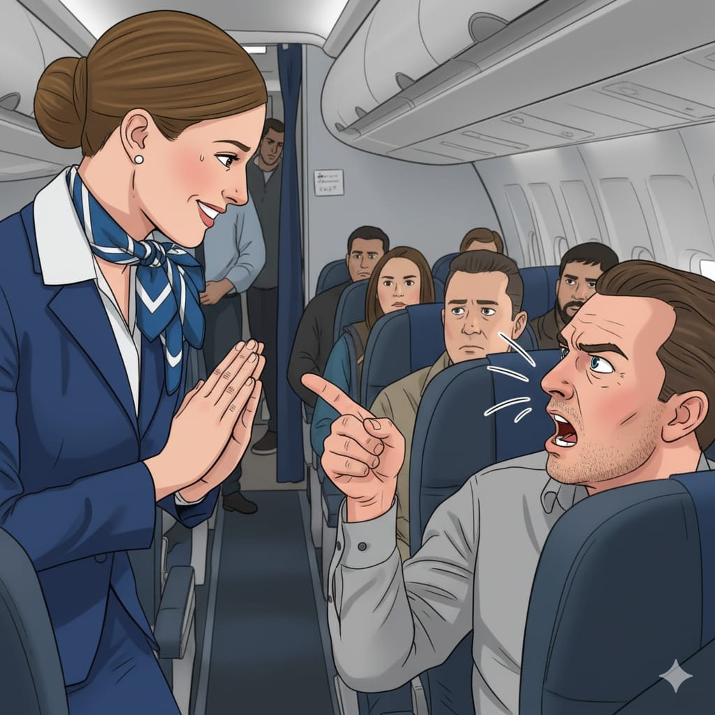 Uma comissária de voo sorridente tenta acalmar um passageiro irritado em um avião, enquanto outros passageiros observam a situação.